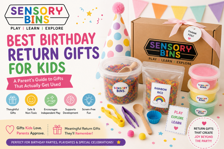Themed sensory bin return gift box for kids birthday party by Sensory Bins India